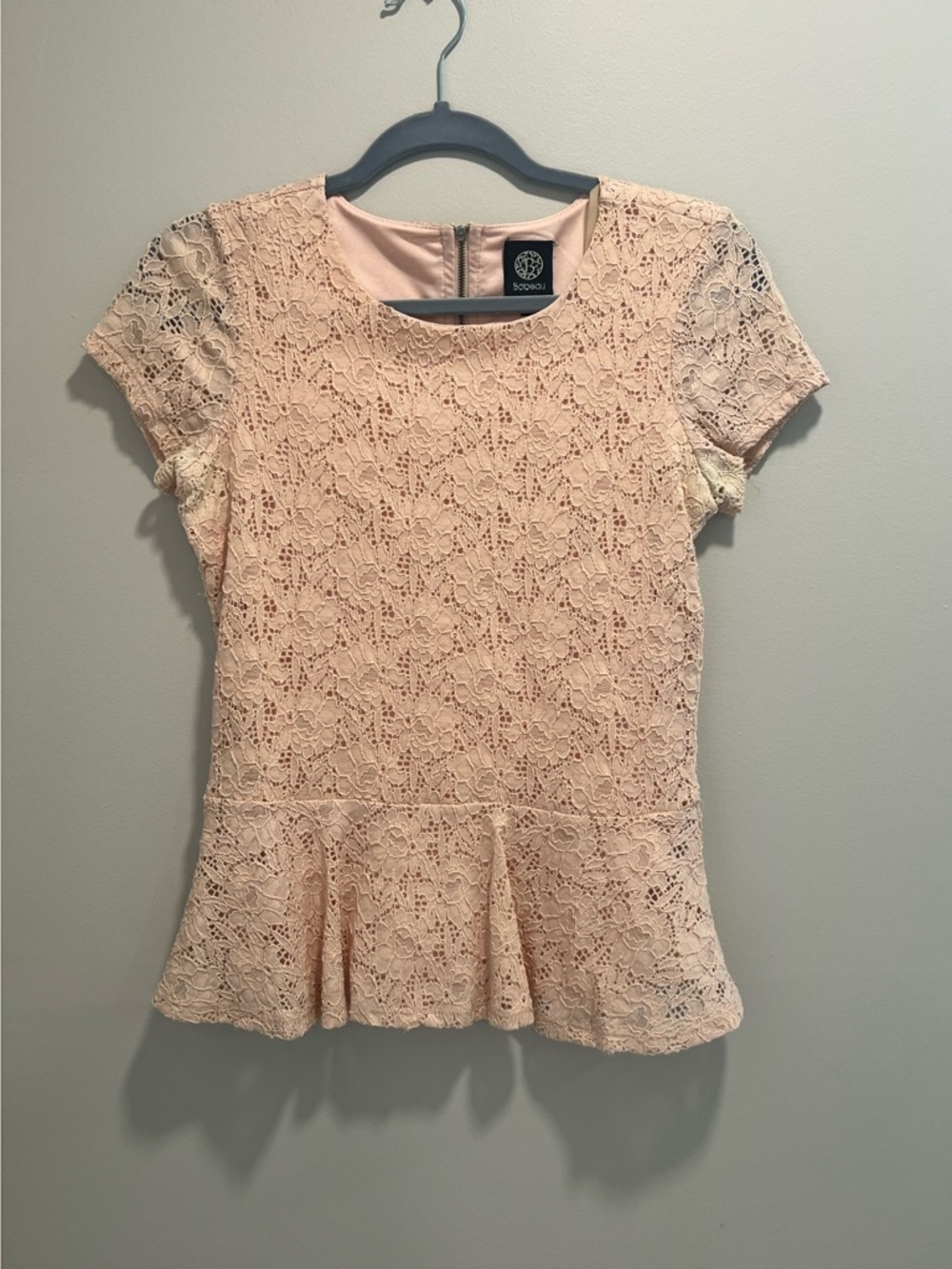 bobeau Lace Peplum Blouse in Blush Pink
